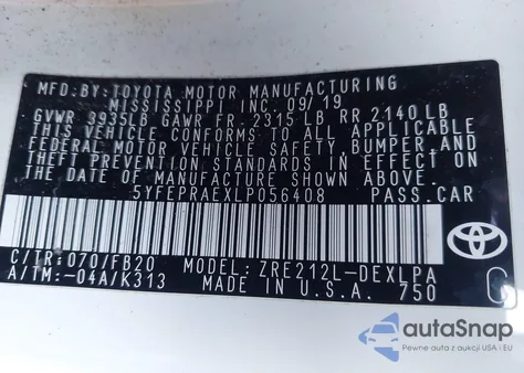 2020 Toyota Corolla Le from USA, damaged, VIN 5YFEPRAEXLP056408